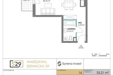 Rzut - Mieszkanie na sprzedaż 1 pokój o powierzchni 33,21 m² - numer 16 w Siennicka 29