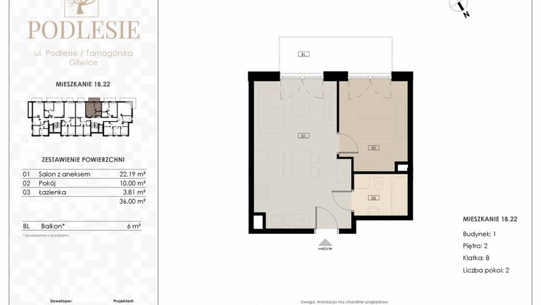Rzut - Mieszkanie na sprzedaż 2 pokoje o powierzchni 36 m² - numer 1B.22 w Podlesie