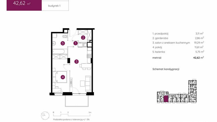 Rzut - Mieszkanie na sprzedaż 2 pokoje o powierzchni 42,62 m² - numer 1.B.6.04 w Murapol Urcity