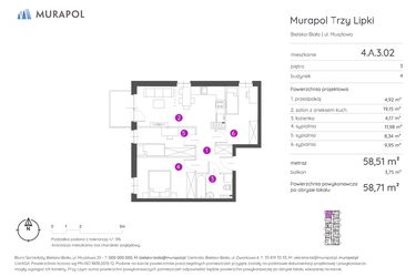 Rzut - Mieszkanie na sprzedaż 4 pokoje o powierzchni 58,71 m² - numer 4.A.3.02 w Murapol Trzy Lipki