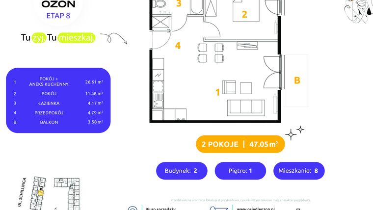 Rzut - Mieszkanie na sprzedaż 2 pokoje o powierzchni 47,05 m² - numer 2.8 w Osiedle Ozon etap VIII