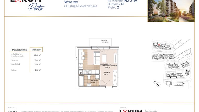 Rzut - Mieszkanie na sprzedaż 1 pokój o powierzchni 30,82 m² - numer N2-2-19 w Lokum Porto etap V bud. N