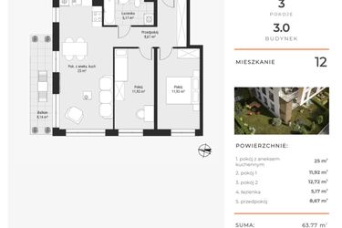 Rzut - Mieszkanie na sprzedaż 3 pokoje o powierzchni 63,77 m² - numer 12 w Bytkowska 3.0