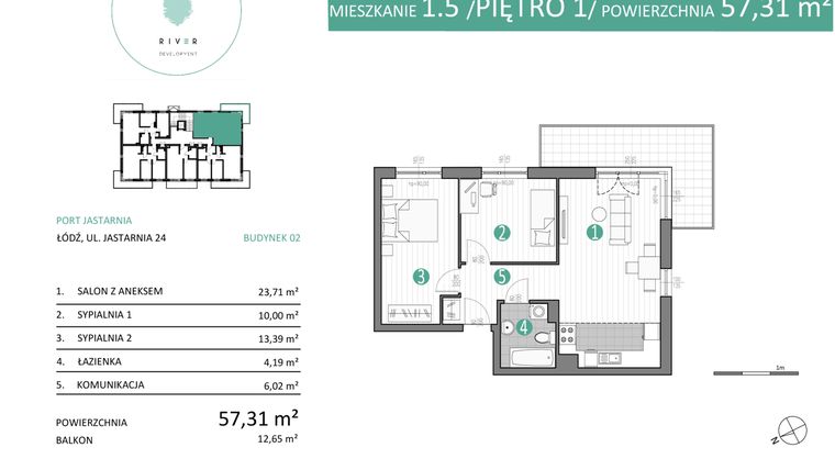 Rzut - Mieszkanie na sprzedaż 3 pokoje o powierzchni 57,31 m² - numer 02.1.5 w Port Jastarnia bud. 02, 03