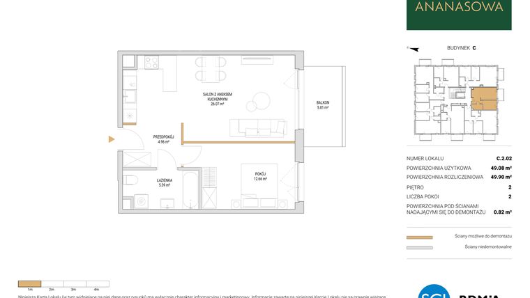 Rzut - Mieszkanie na sprzedaż 2 pokoje o powierzchni 49,9 m² - numer C.2.02 w Ananasowa