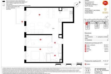 Rzut - Mieszkanie na sprzedaż 3 pokoje o powierzchni 71,31 m² - numer 34 w Apartamenty nad Rzeką
