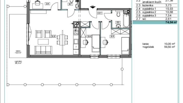 Rzut - Mieszkanie na sprzedaż 4 pokoje o powierzchni 74,37 m² - numer A.2 w Osiedle Kościuszki etap II