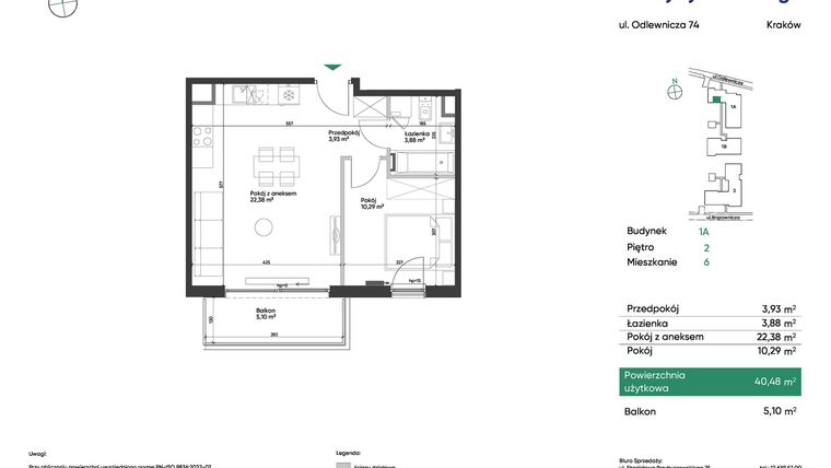 Rzut - Mieszkanie na sprzedaż 2 pokoje o powierzchni 40,48 m² - numer 1A_M6 w U Przybyszewskiego etap 4