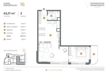 Rzut - Mieszkanie na sprzedaż 2 pokoje o powierzchni 63,17 m² - numer 16 w Witkiewicza Apartments