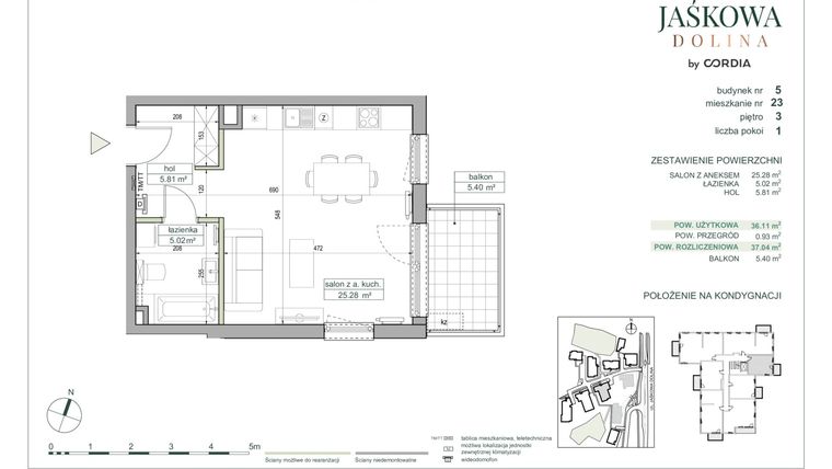 Rzut - Mieszkanie na sprzedaż 1 pokój o powierzchni 37,04 m² - numer 5.A.23 w Villa Jaśkowa Dolina etap II