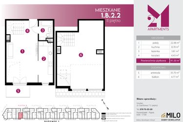 Rzut - Mieszkanie na sprzedaż 2 pokoje o powierzchni 77,2 m² - numer 1.B.2.2 w Maślice Wrocław Milo Dobry Deweloper etap IV