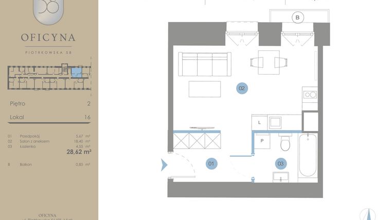 Rzut - Mieszkanie na sprzedaż 1 pokój o powierzchni 28,62 m² - numer 16 w Oficyna - Apartamenty Inwestycyjne Apart Hotel