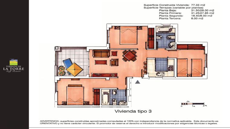 Rzut - Mieszkanie na sprzedaż 3 pokoje o powierzchni 77 m² - numer 3 w Las Terrazas de la Torre