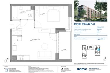 Rzut - Mieszkanie na sprzedaż 2 pokoje o powierzchni 40,07 m² - numer RR/6A/D/1/3 w Royal Residence 6A