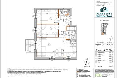 Rzut - Mieszkanie na sprzedaż 3 pokoje o powierzchni 53,86 m² - numer J1-37 w Park Leśny Rembertów etap VIII