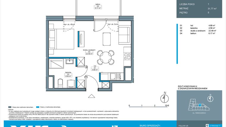 Rzut - Mieszkanie na sprzedaż 1 pokój o powierzchni 31,77 m² - numer A.5.2 w Rakoczego 17