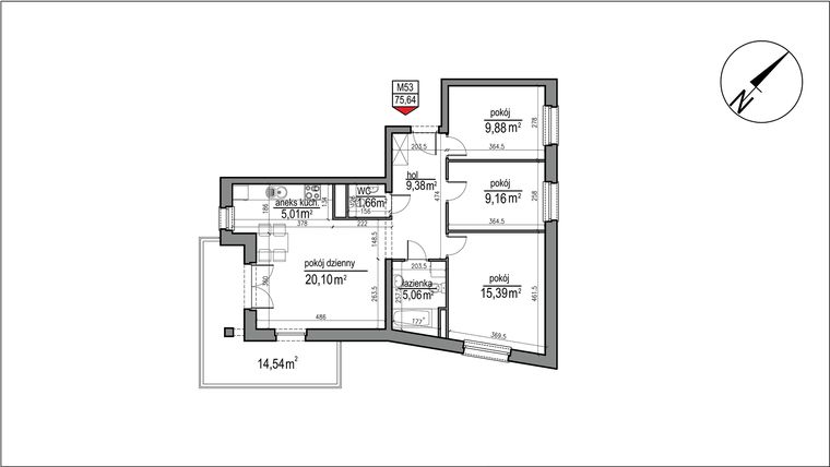 Rzut - Mieszkanie na sprzedaż 4 pokoje o powierzchni 75,64 m² - numer 4 m. 53 w Osiedle Rytm etap 3