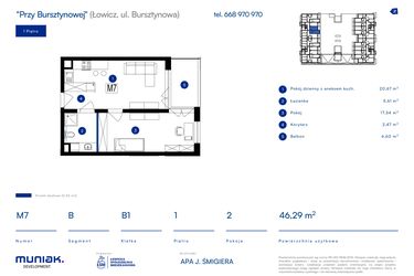 Rzut - Mieszkanie na sprzedaż 2 pokoje o powierzchni 46,29 m² - numer 7B w Przy Bursztynowej