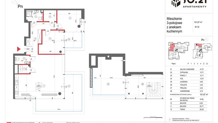 Rzut - Mieszkanie na sprzedaż 3 pokoje o powierzchni 101,67 m² - numer 32 w SO.21