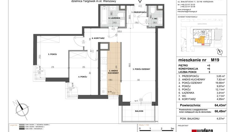 Rzut - Mieszkanie na sprzedaż 3 pokoje o powierzchni 64,44 m² - numer 19 w Barkocińska 3