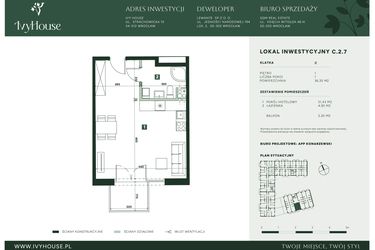 Rzut - Mieszkanie na sprzedaż 1 pokój o powierzchni 36,35 m² - numer C.2.7 w IVY HOUSE - Apartamenty inwestycyjne