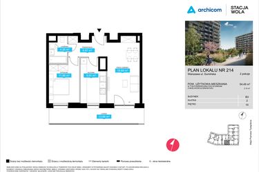 Rzut - Mieszkanie na sprzedaż 2 pokoje o powierzchni 54,49 m² - numer B3.214 w Stacja Wola - Etap III
