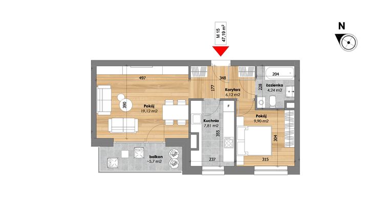 Rzut - Mieszkanie na sprzedaż 2 pokoje o powierzchni 47,19 m² - numer M15 w Przy Kochanowskiego
