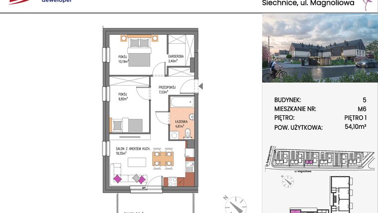 Rzut - Mieszkanie na sprzedaż 3 pokoje o powierzchni 54,1 m² - numer Bud.5-6 w Willa Magnolia