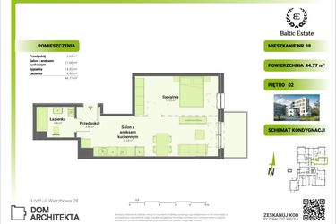 Rzut - Mieszkanie na sprzedaż 2 pokoje o powierzchni 44,77 m² - numer 02.M.38 w Dom Architekta