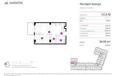 Rzut - Mieszkanie na sprzedaż 1 pokój o powierzchni 39,93 m² - numer 1.C.3.10 w Murapol Scarpa