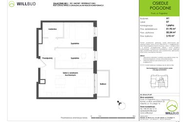 Rzut - Mieszkanie na sprzedaż 3 pokoje o powierzchni 50,54 m² - numer OP/A1/P1/07 w Osiedle Pogodne etap I