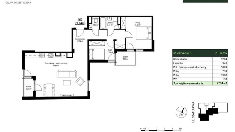 Rzut - Mieszkanie na sprzedaż 3 pokoje o powierzchni 77,94 m² - numer M6 w Szaflarska 9