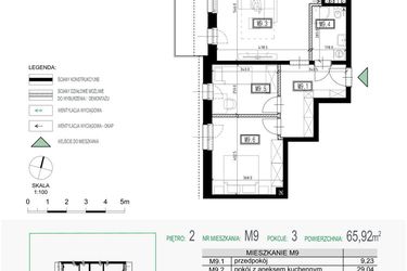 Rzut - Mieszkanie na sprzedaż 3 pokoje o powierzchni 65,92 m² - numer 9 w Kolarska Koncept