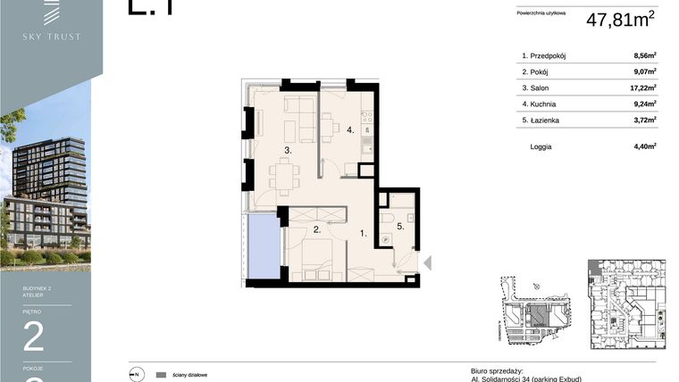 Rzut - Mieszkanie na sprzedaż 2 pokoje o powierzchni 47,81 m² - numer L1 w Sky Trust etap II - apartamenty inwestycyjne 23% VAT PRS