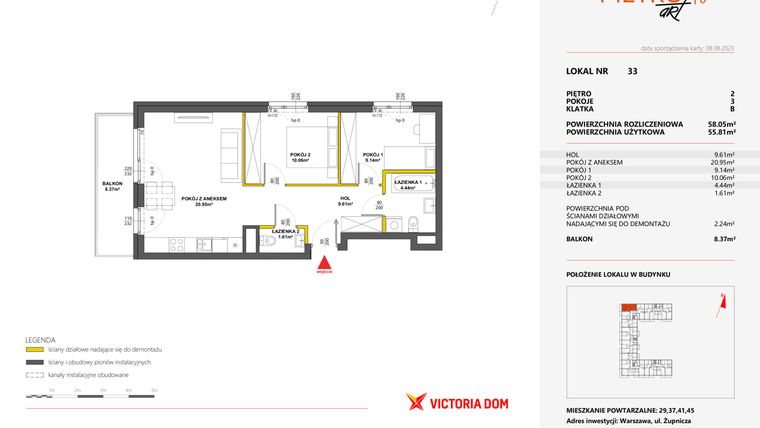 Rzut - Mieszkanie na sprzedaż 3 pokoje o powierzchni 58,14 m² - numer 33 w Metro Art 10