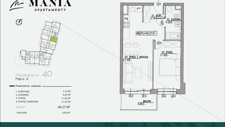 Rzut - Mieszkanie na sprzedaż 2 pokoje o powierzchni 40,27 m² - numer 40 w MANIA Apartamenty