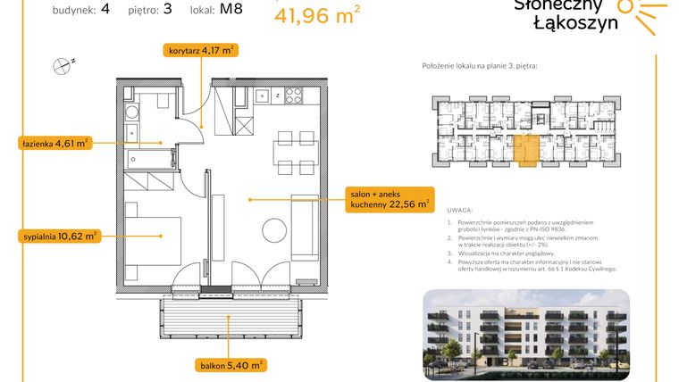 Rzut - Mieszkanie na sprzedaż 2 pokoje o powierzchni 41,96 m² - numer 4/M/3/8 w Osiedle Słoneczny Łąkoszyn bud. 4
