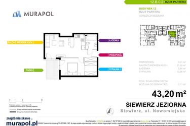 Rzut - Mieszkanie na sprzedaż 2 pokoje o powierzchni 43,2 m² - numer 12.B.0.2 w Murapol Siewierz Jeziorna