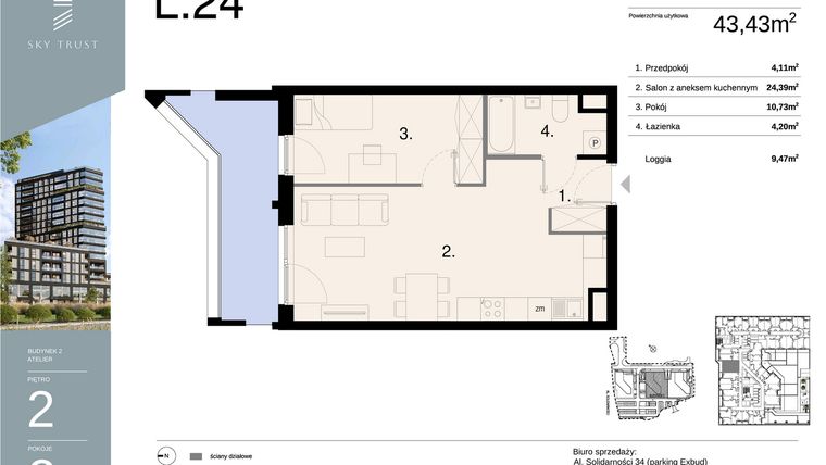 Rzut - Mieszkanie na sprzedaż 2 pokoje o powierzchni 43,43 m² - numer L24 w Sky Trust etap II - apartamenty inwestycyjne 23% VAT PRS