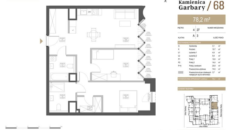 Rzut - Mieszkanie na sprzedaż 3 pokoje o powierzchni 78,2 m² - numer 27 w Garbary 68