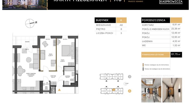Rzut - Mieszkanie na sprzedaż 3 pokoje o powierzchni 61,75 m² - numer A.6 w Osiedle Kasprowicza
