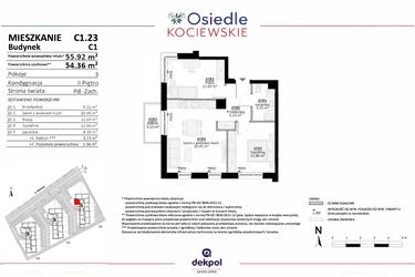 Rzut - Mieszkanie na sprzedaż 3 pokoje o powierzchni 54,36 m² - numer C1.23 w Osiedle Kociewskie etap III
