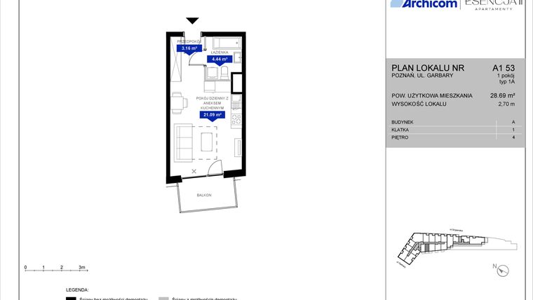 Rzut - Mieszkanie na sprzedaż 1 pokój o powierzchni 28,61 m² - numer A1.53 w Apartamenty Esencja II