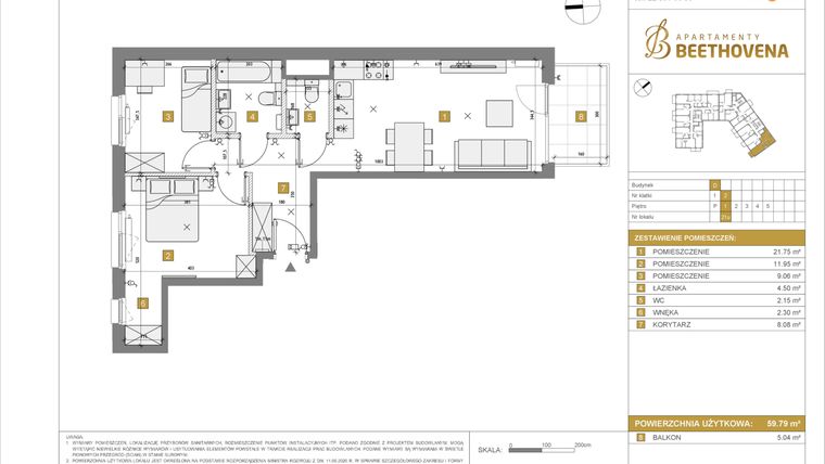Rzut - Mieszkanie na sprzedaż 3 pokoje o powierzchni 59,79 m² - numer D21 w Apartamenty Beethovena etap 2 - apartamenty inwestycyjne
