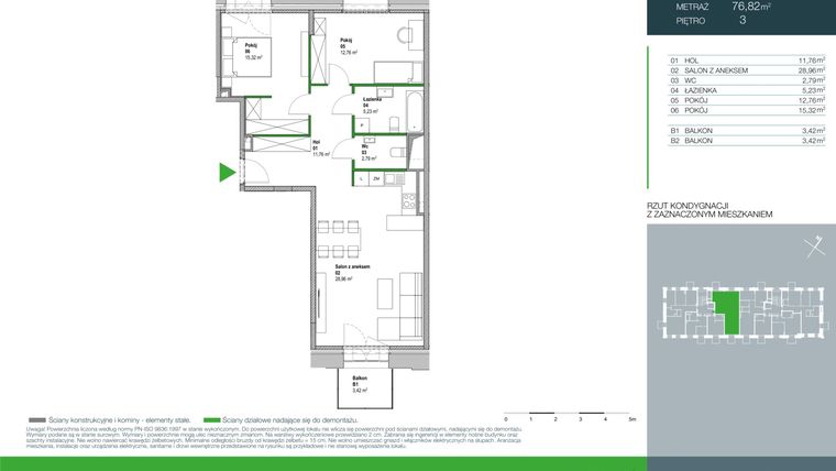 Rzut - Mieszkanie na sprzedaż 3 pokoje o powierzchni 76,82 m² - numer E.2.3.01 w Aroma Park Lofty