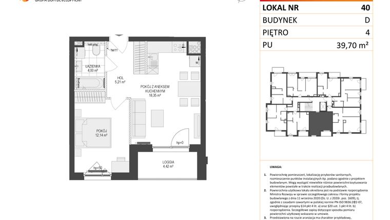 Rzut - Mieszkanie na sprzedaż 2 pokoje o powierzchni 39,7 m² - numer D.40 w Osiedle Warszawska etap II
