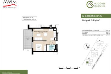 Rzut - Mieszkanie na sprzedaż 2 pokoje o powierzchni 34,79 m² - numer C23 w Wzgórze Gustawa