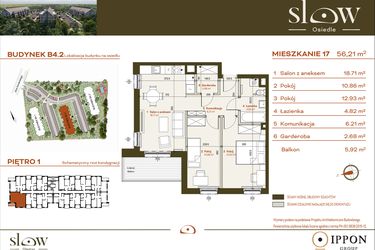 Rzut - Mieszkanie na sprzedaż 3 pokoje o powierzchni 56,21 m² - numer B4.2.17 w Osiedle SLOW