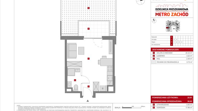 Rzut - Mieszkanie na sprzedaż 1 pokój o powierzchni 26,63 m² - numer C.5 w Dzielnica Mieszkaniowa Metro Zachód - etap 8.1