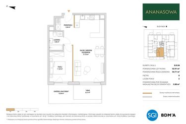 Rzut - Mieszkanie na sprzedaż 2 pokoje o powierzchni 54,71 m² - numer B.0.04 w Ananasowa